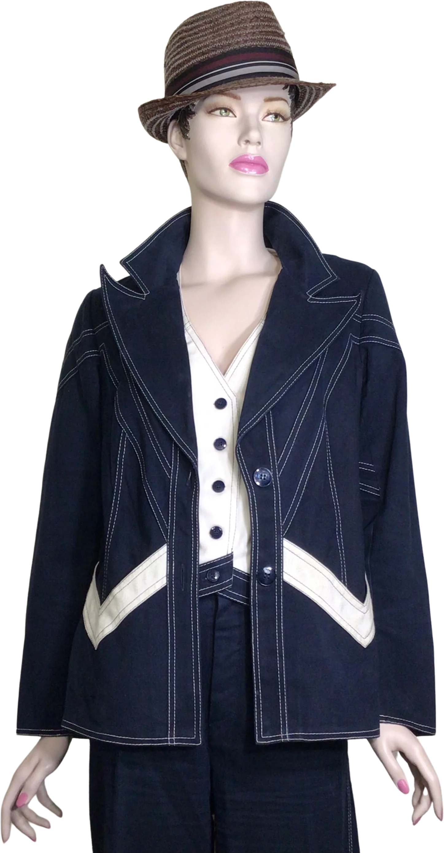 70s Rare Navy Blue Vest Jacket Bell Bottom Pantsuit By Roncelli