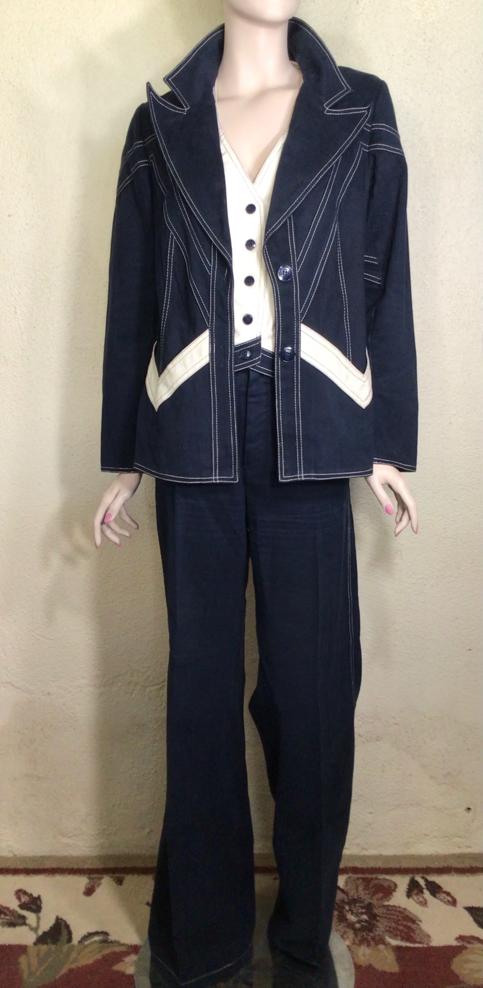 70s Rare Navy Blue Vest Jacket Bell Bottom Pantsuit By Roncelli - Image 8