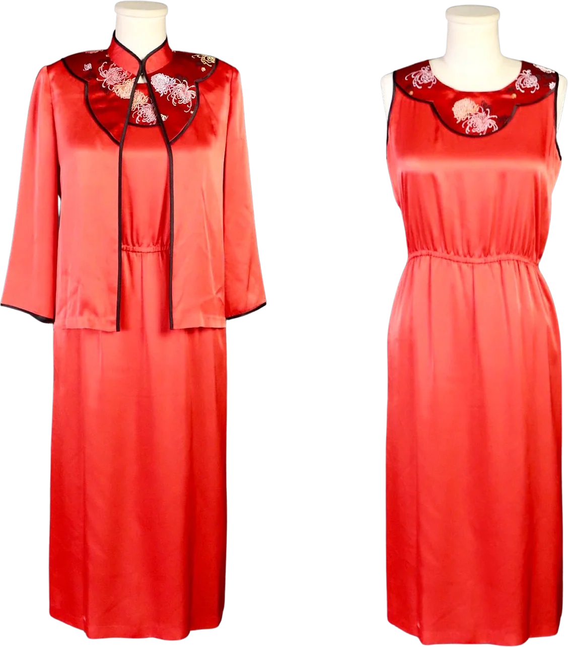 70s Red And Black Floral Dress And Jacket Set by Hsu Mei