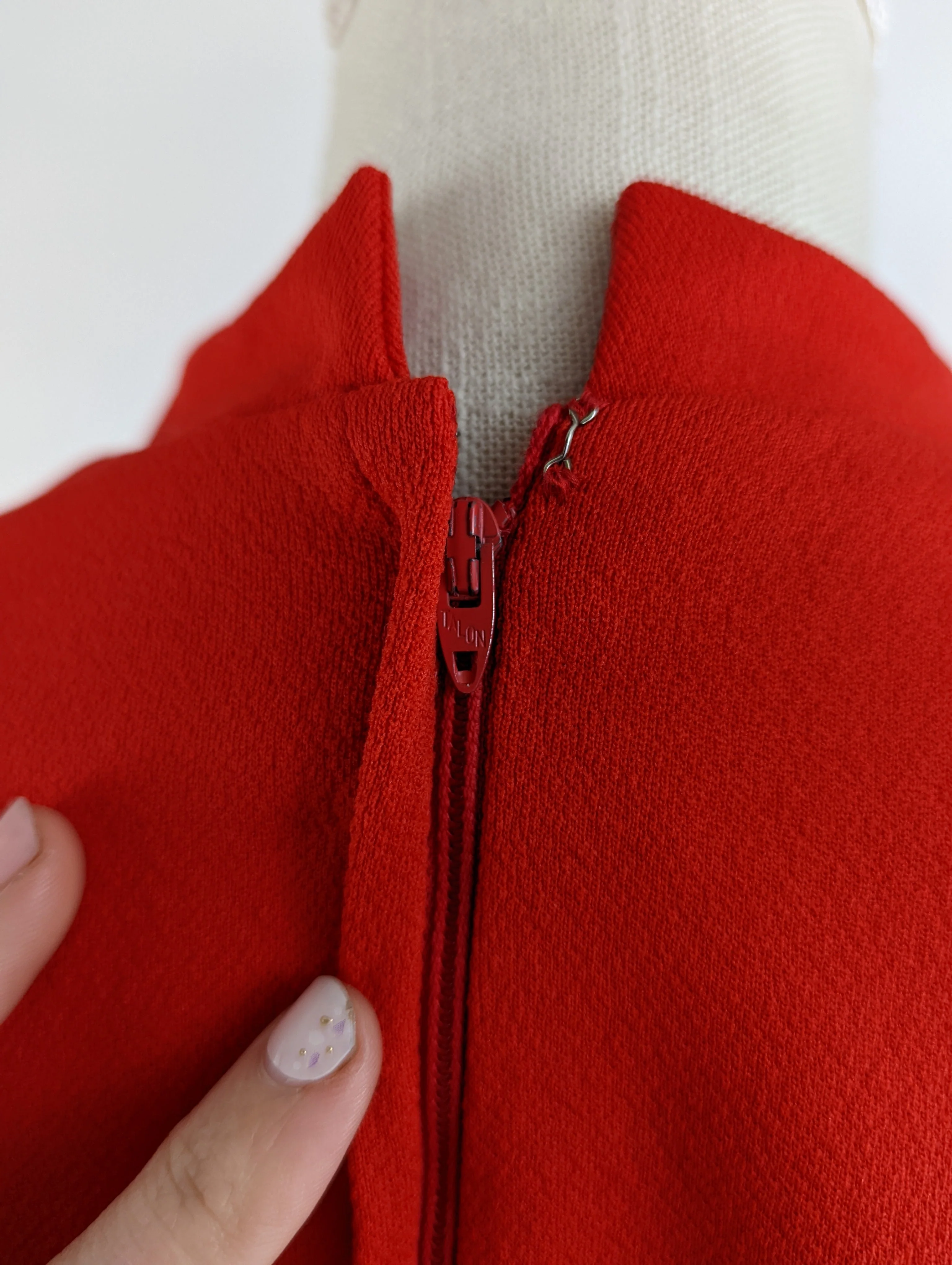 70s Red and White Mod Dress Suit with Vest | Polyester Belted Dress with Buttons - Image 11