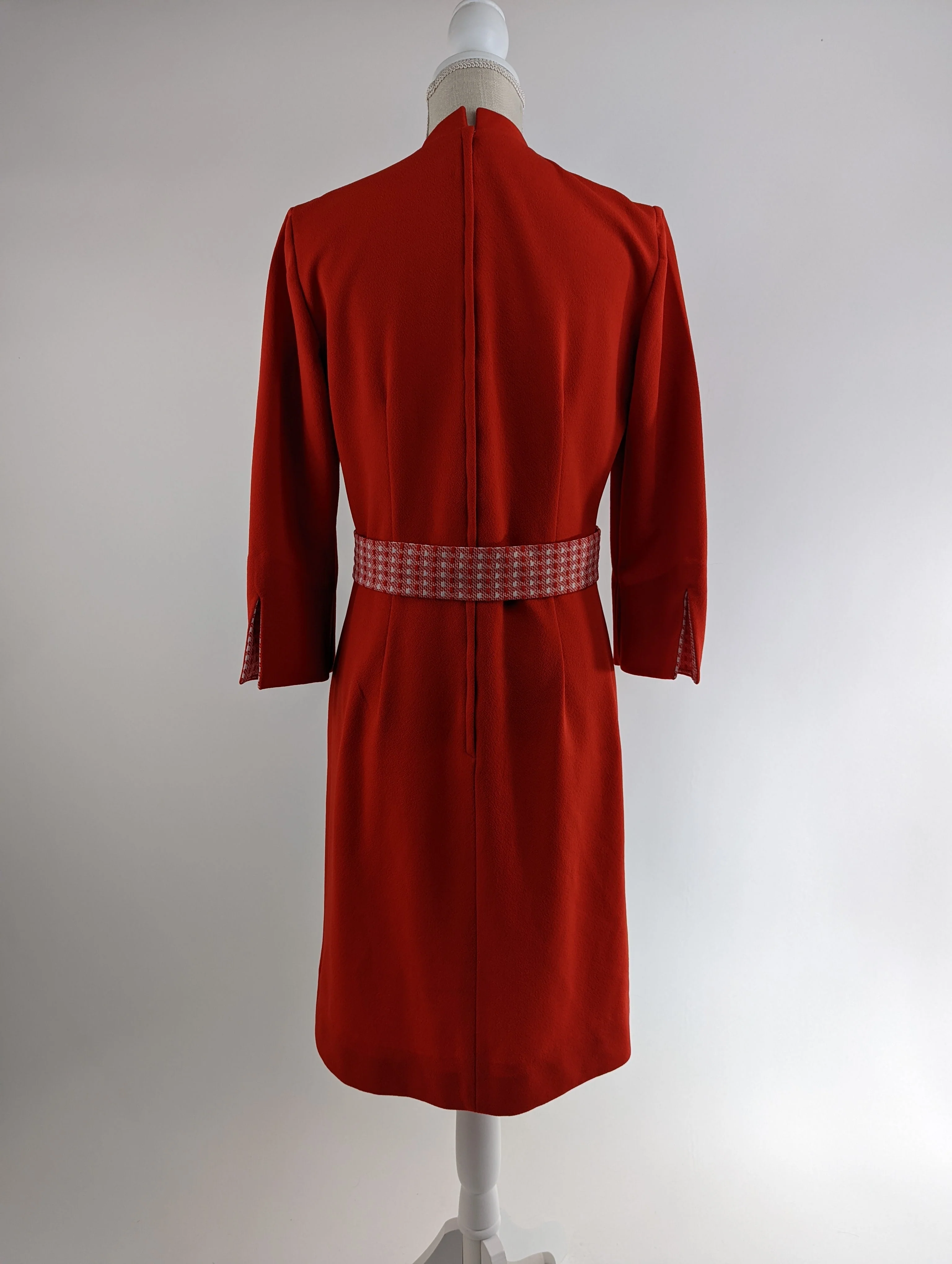 70s Red and White Mod Dress Suit with Vest | Polyester Belted Dress with Buttons - Image 12