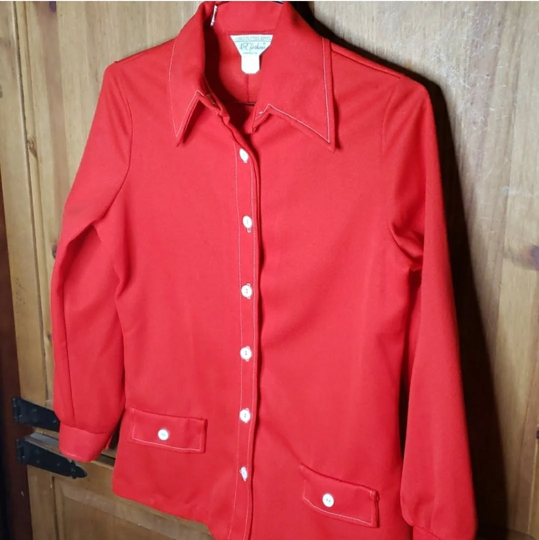 70's Red Button Up Polyester Top with Contrast Stitching by Npc Fashions - Image 11