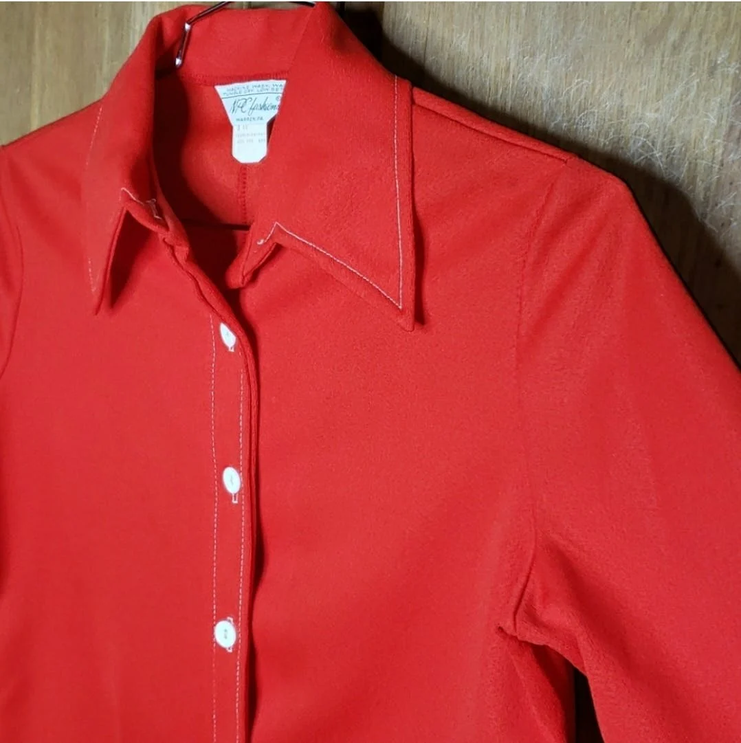 70's Red Button Up Polyester Top with Contrast Stitching by Npc Fashions - Image 12