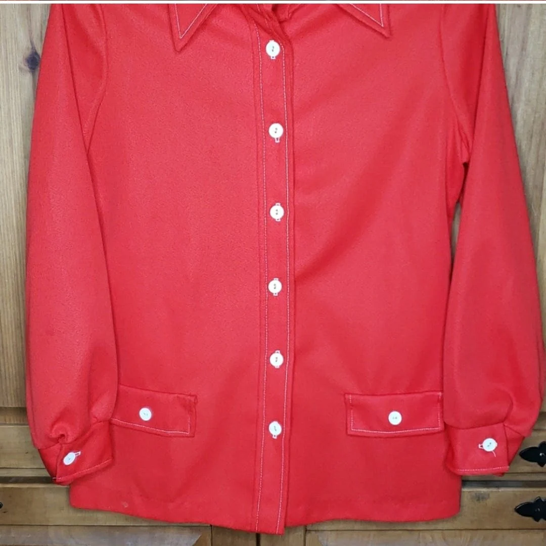 70's Red Button Up Polyester Top with Contrast Stitching by Npc Fashions - Image 5