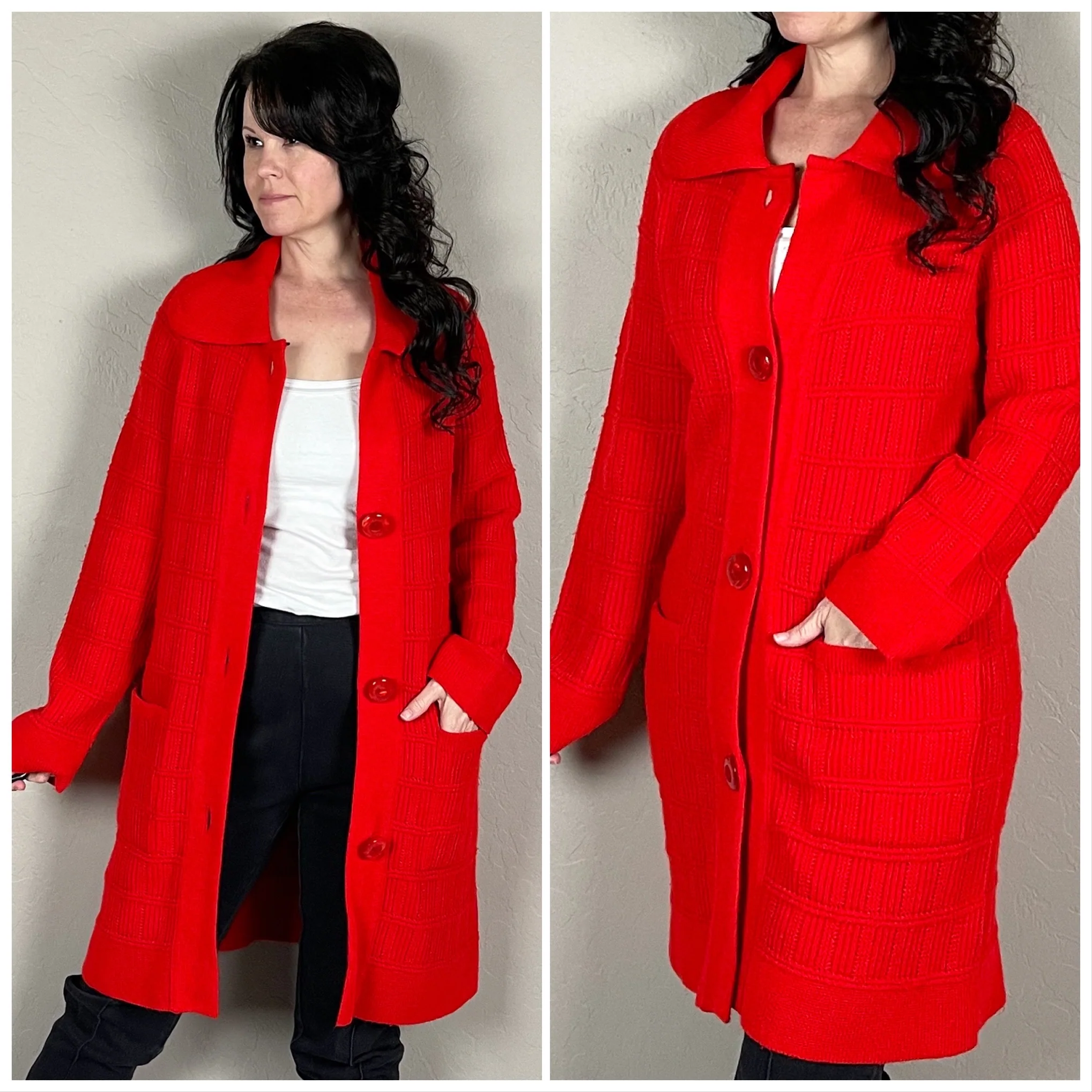 70s Red Chunky Knit Duster Cardigan Sweater By Rochelle - Image 2