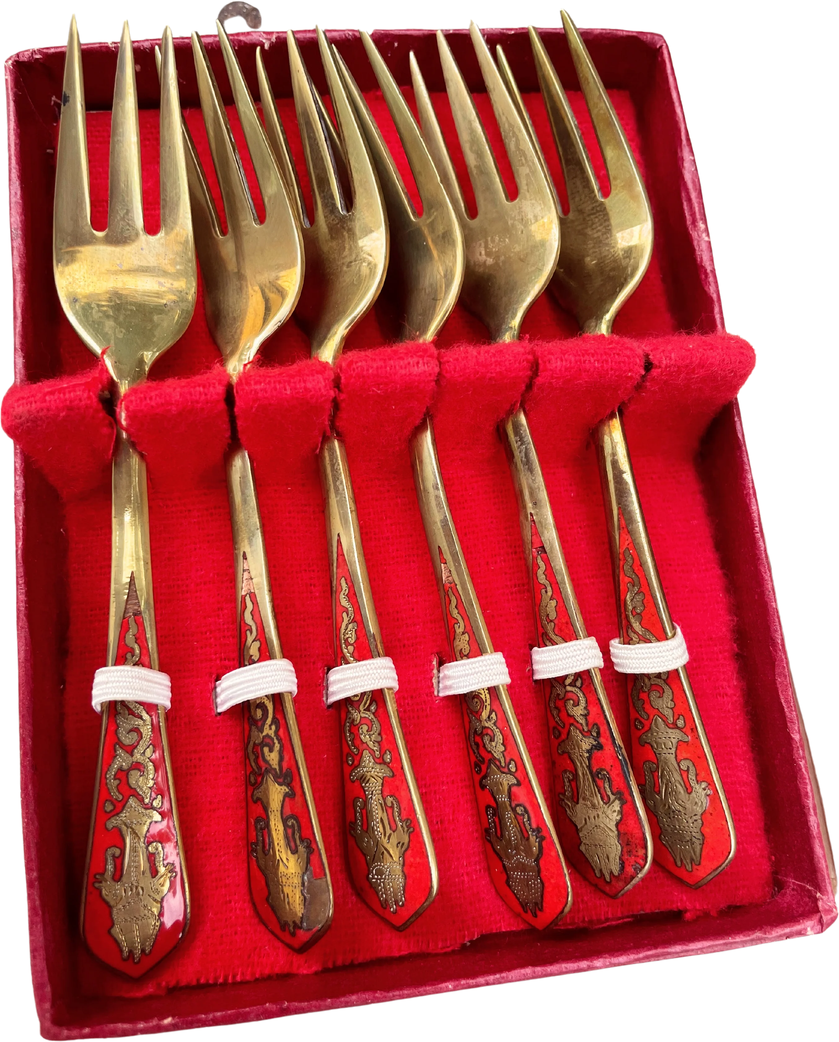 70s Red Enamel Brass Appetizer Cocktail Shrimp Forks By Siam - Image 2