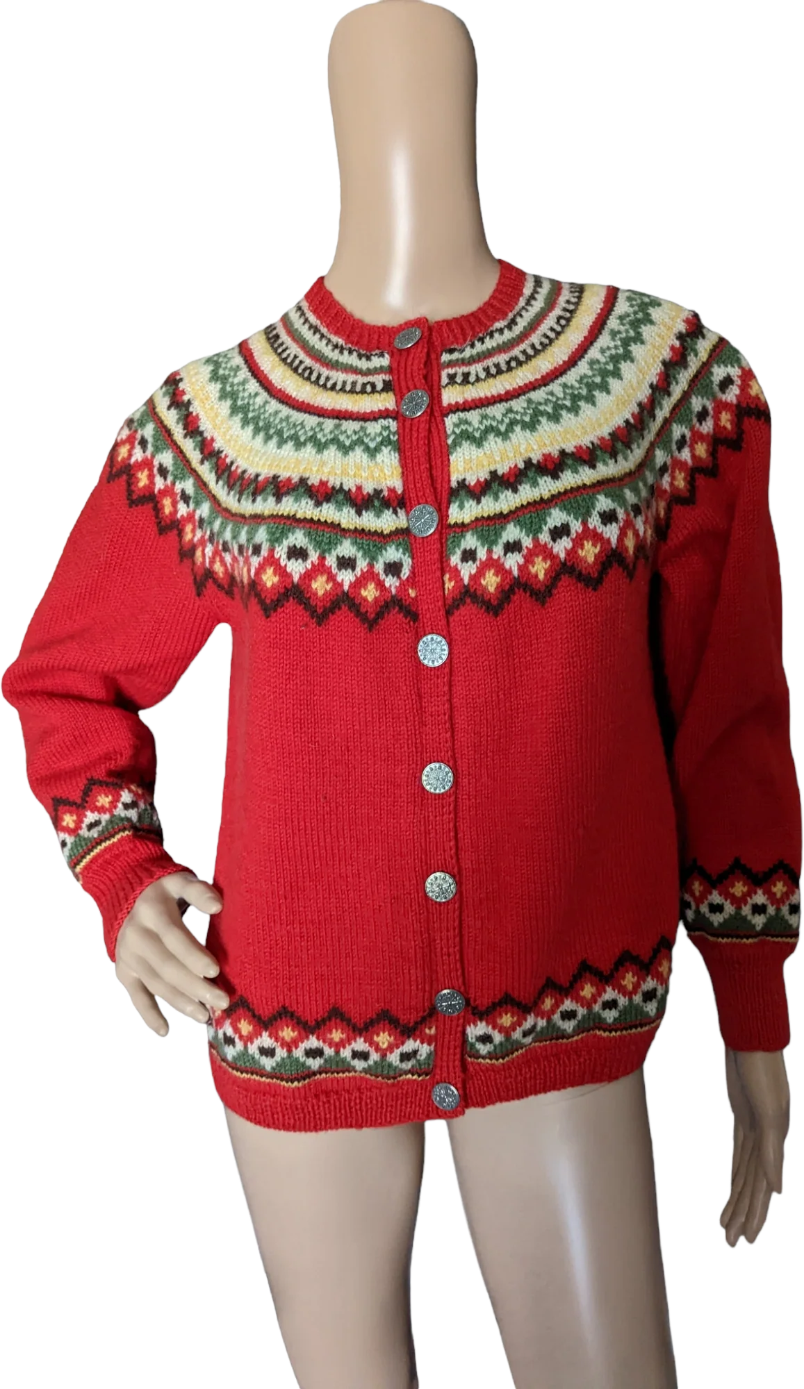 70s Red Fair Isle Wool Button Down Cardigan Sweater By Norway Design