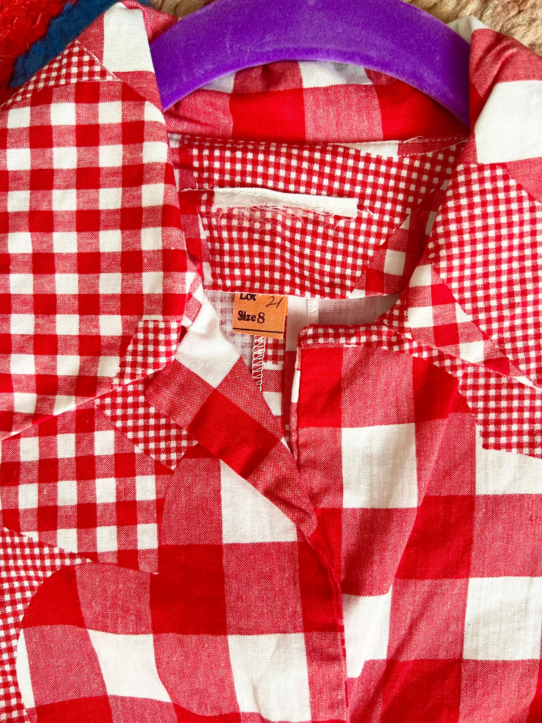 70s Red Gingham Plaid Patchwork Print Romper Playsuit - Image 7