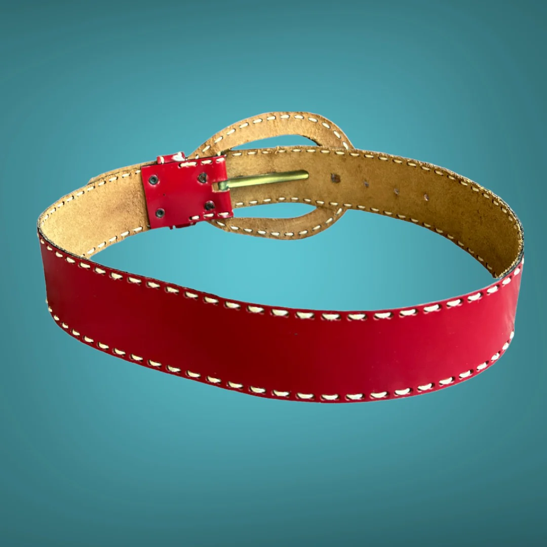 70s Red Leather Contrast Stitch Statement Buckle Belt By Sally Greene Originals - Image 3