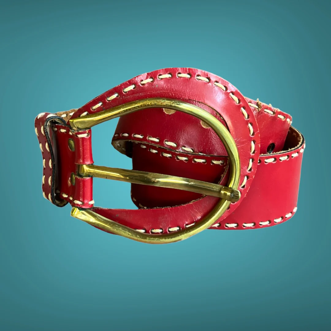 70s Red Leather Contrast Stitch Statement Buckle Belt By Sally Greene Originals - Image 4
