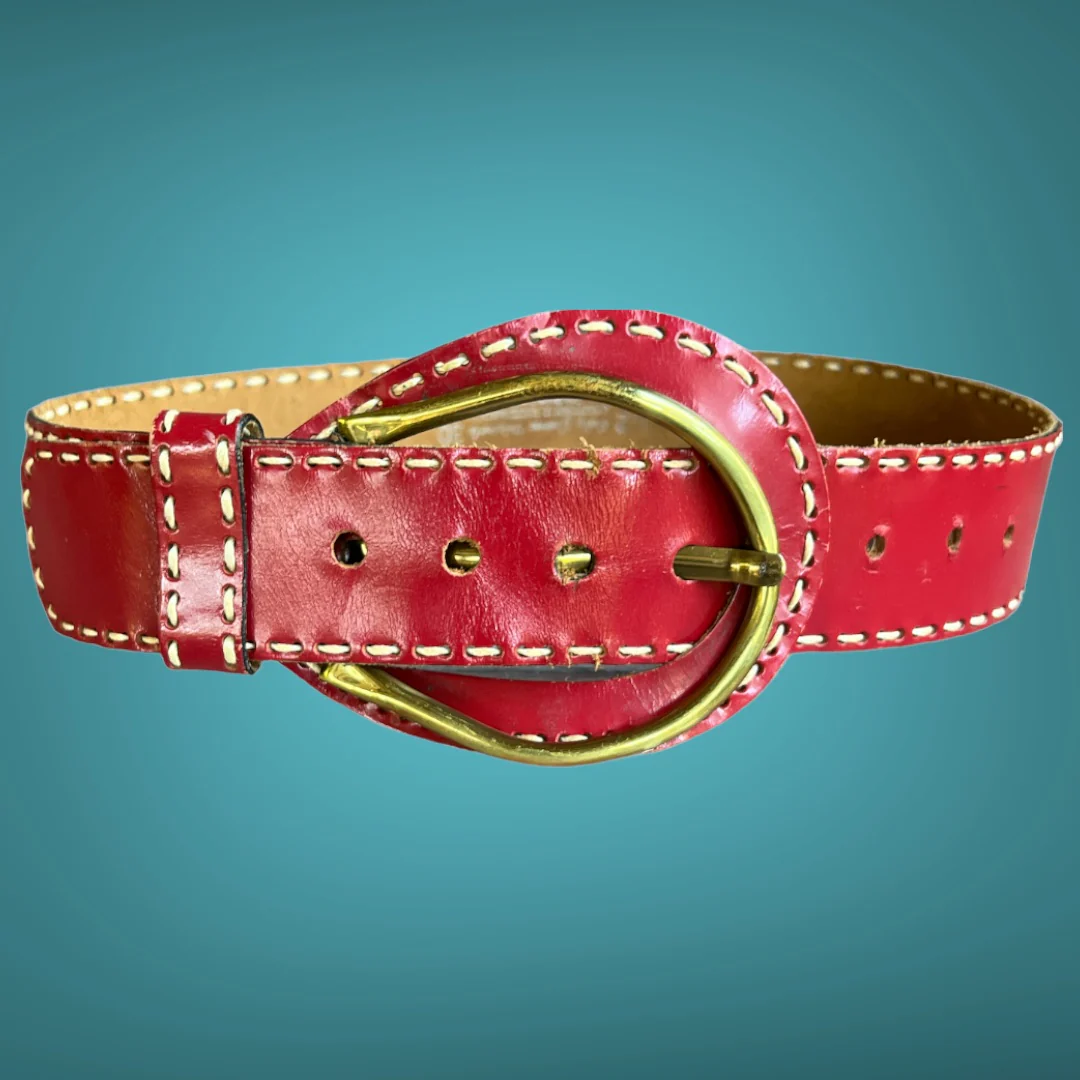 70s Red Leather Contrast Stitch Statement Buckle Belt By Sally Greene Originals - Image 7