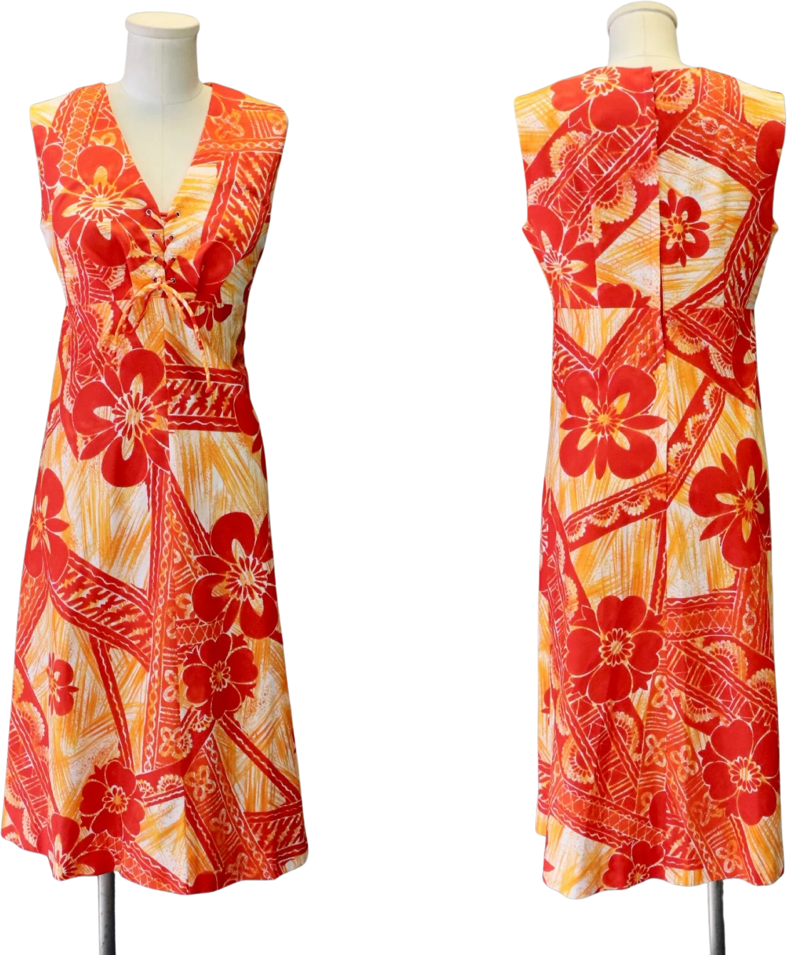 70s Red Orange And Yellow Tropical Corset Floral Midi by Lauhala