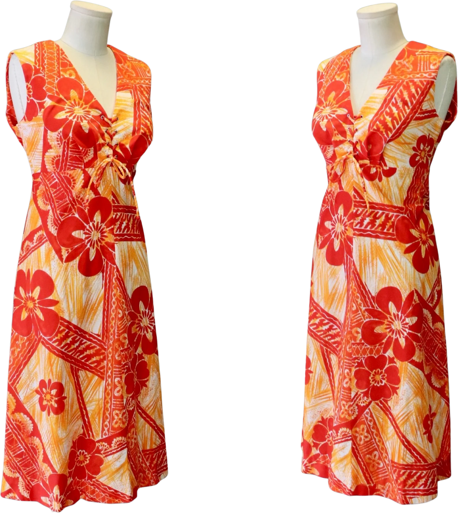 70s Red Orange And Yellow Tropical Corset Floral Midi by Lauhala - Image 2