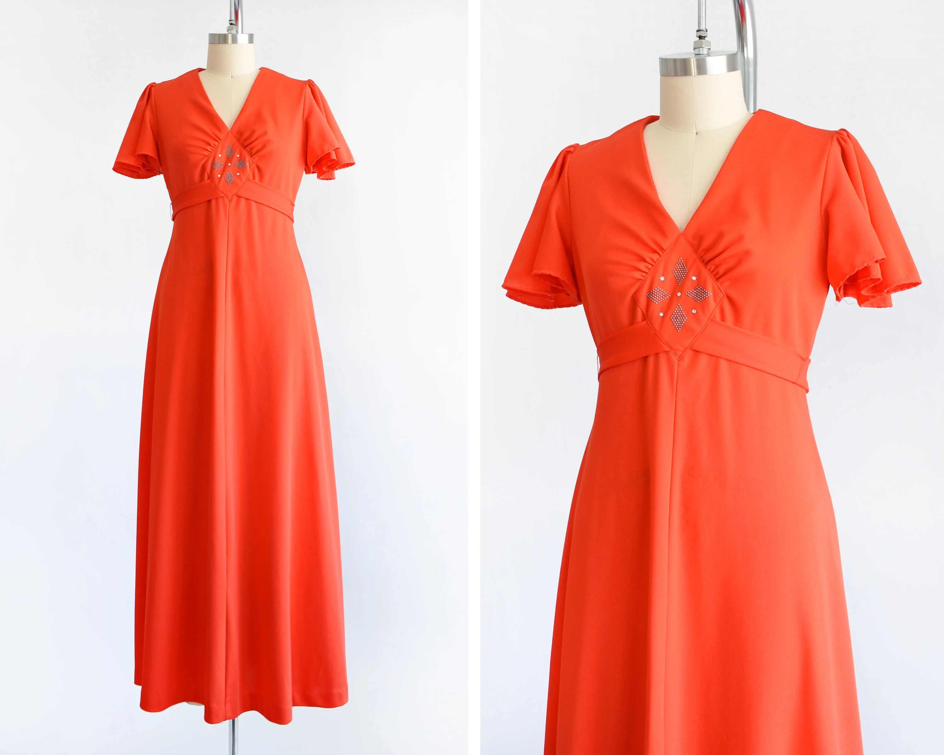 70s Red Orange Maxi Dress Vintage 70s Dress, Rhinestone and Silver Studded Empire Waist Disco Dress, Small - Image 2