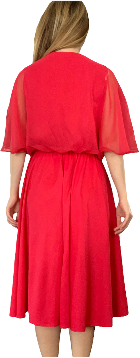 70s Red Party Dress Beaded Chiffon Poly Full Skirt S - Image 2