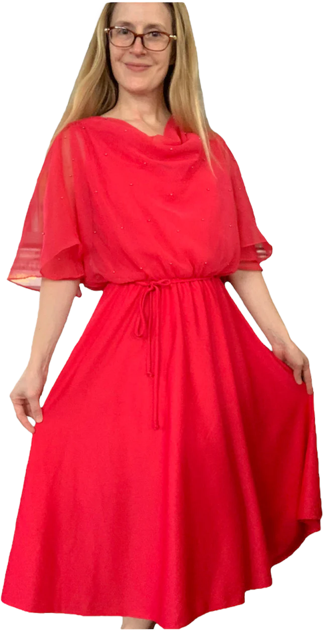 70s Red Party Dress Beaded Chiffon Poly Full Skirt S - Image 5