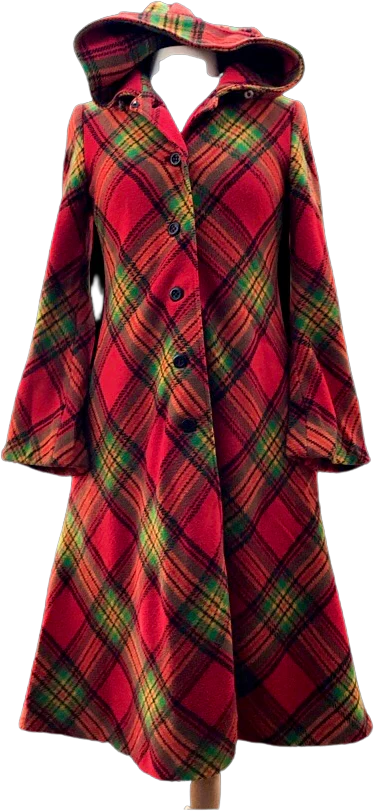70s Red Plaid Hooded Princess Bell Sleeve Coat