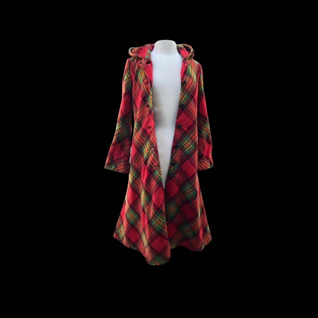 70s Red Plaid Hooded Princess Bell Sleeve Coat - Image 10