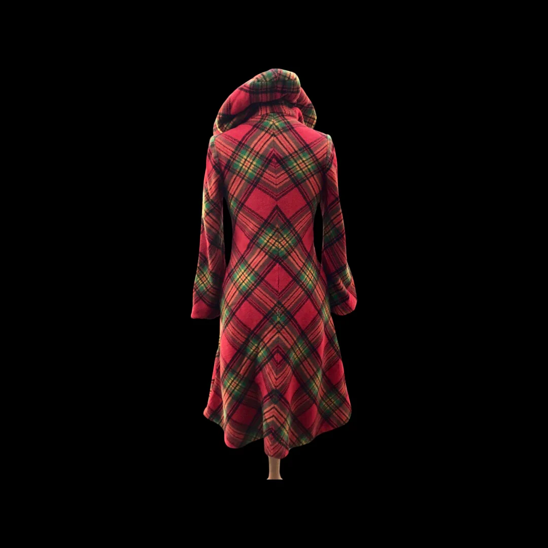 70s Red Plaid Hooded Princess Bell Sleeve Coat - Image 14