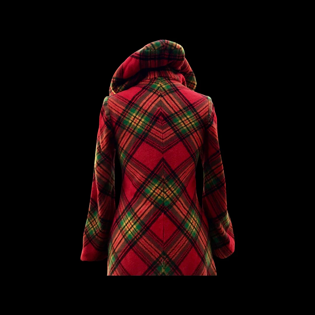 70s Red Plaid Hooded Princess Bell Sleeve Coat - Image 15