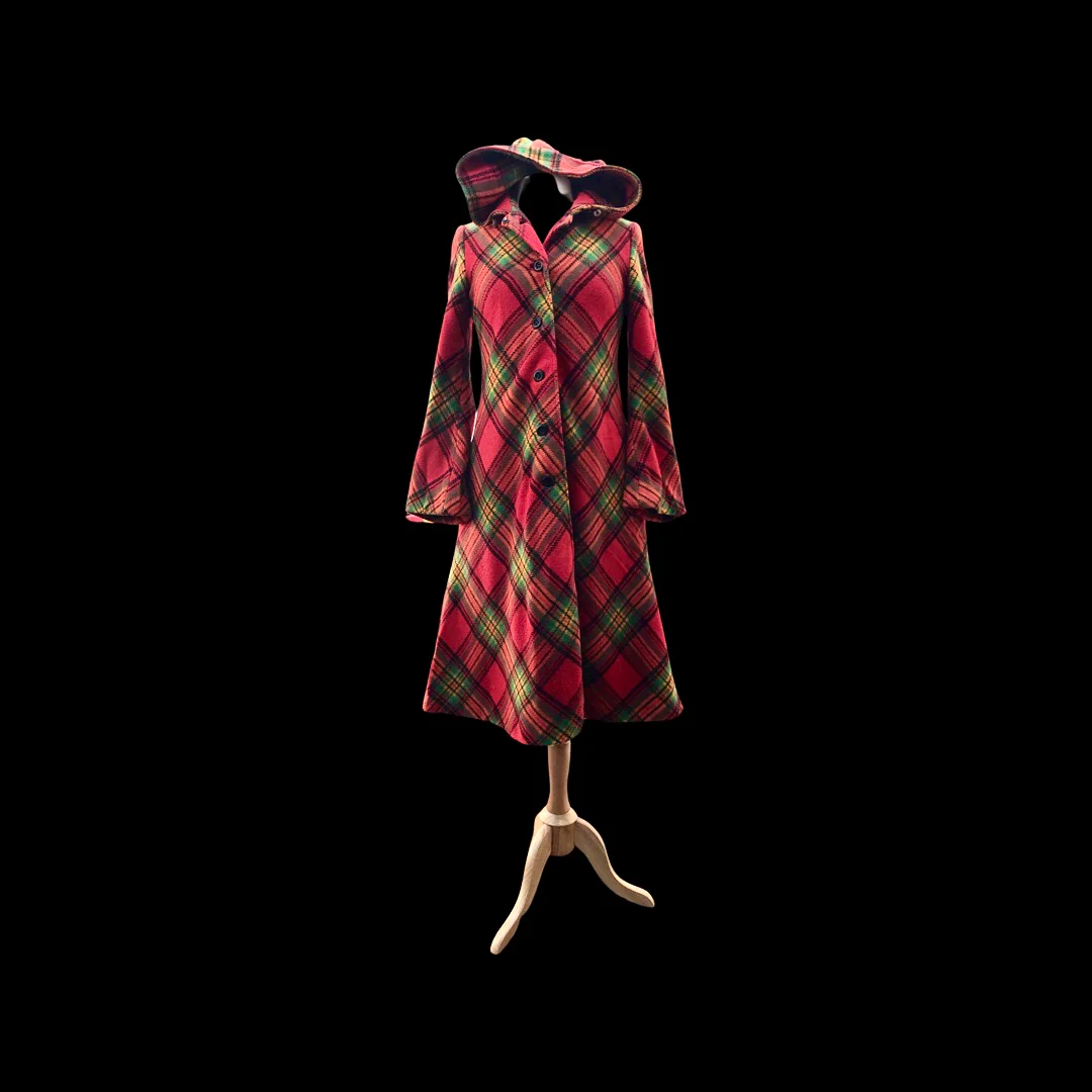 70s Red Plaid Hooded Princess Bell Sleeve Coat - Image 20