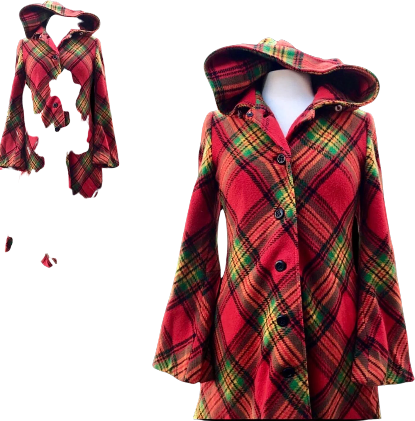 70s Red Plaid Hooded Princess Bell Sleeve Coat - Image 3
