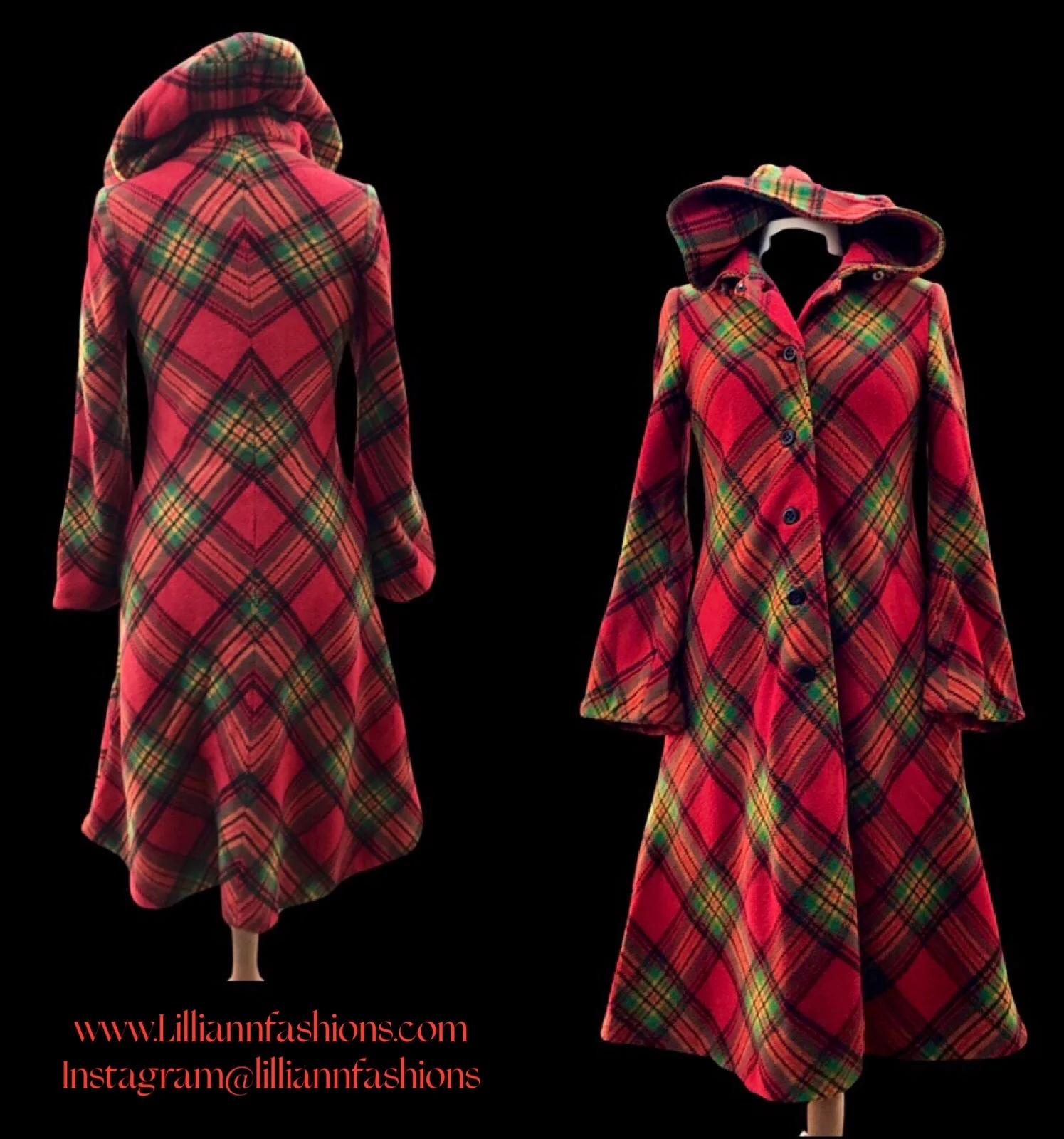 70s Red Plaid Hooded Princess Bell Sleeve Coat - Image 5
