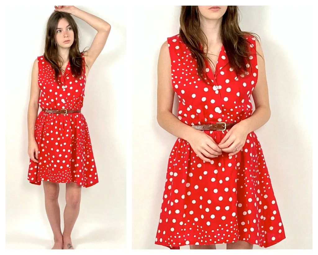 70s Red Polka Dot Mini Dress White Rain Drop Pin Up Day Dress Garden Party Button Up Dress Tea Party Preppy Vintage Sun Dress by Ejm Ltd. - Image 3