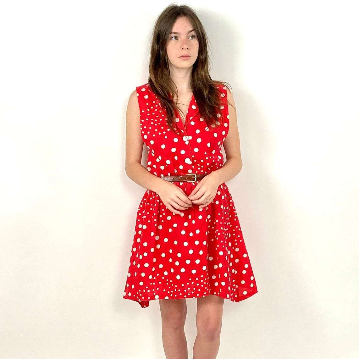 70s Red Polka Dot Mini Dress White Rain Drop Pin Up Day Dress Garden Party Button Up Dress Tea Party Preppy Vintage Sun Dress by Ejm Ltd. - Image 5