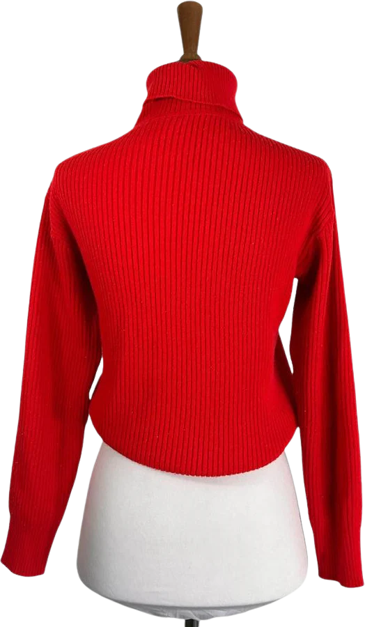 70s Red Ribbed Cropped Turtleneck Sweater M - Image 2