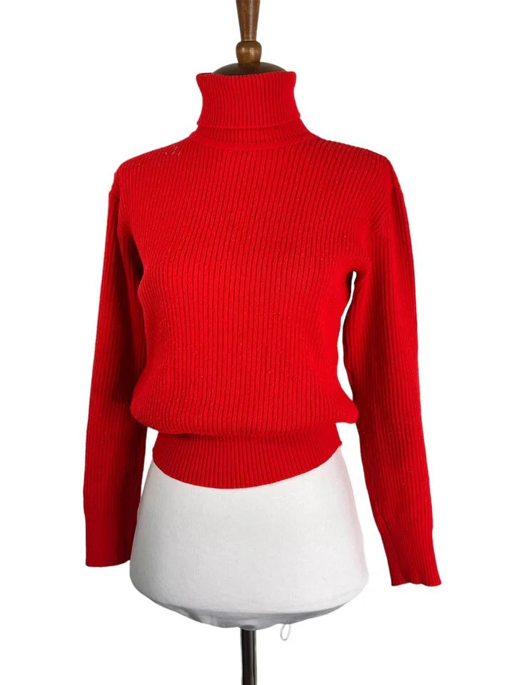 70s Red Ribbed Cropped Turtleneck Sweater M - Image 5
