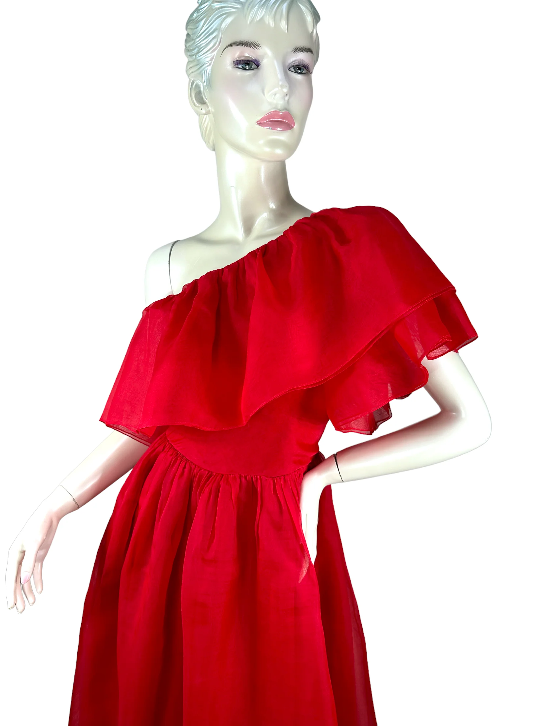 70s Red Silk One Shoulder Gown By Mollie Parnis - Image 4