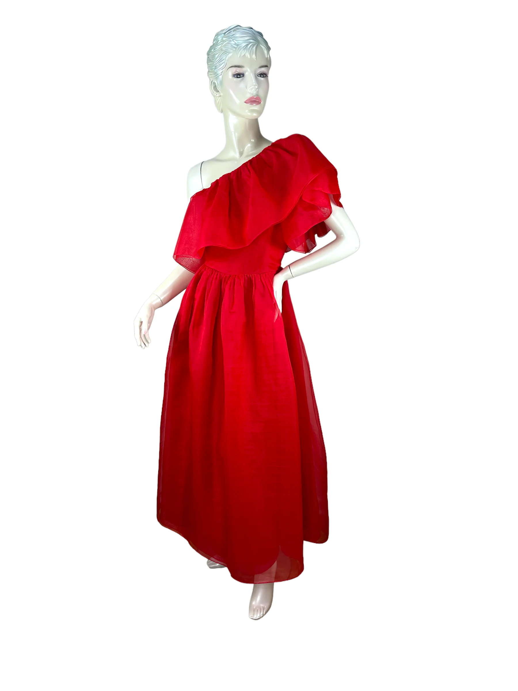 70s Red Silk One Shoulder Gown By Mollie Parnis - Image 5