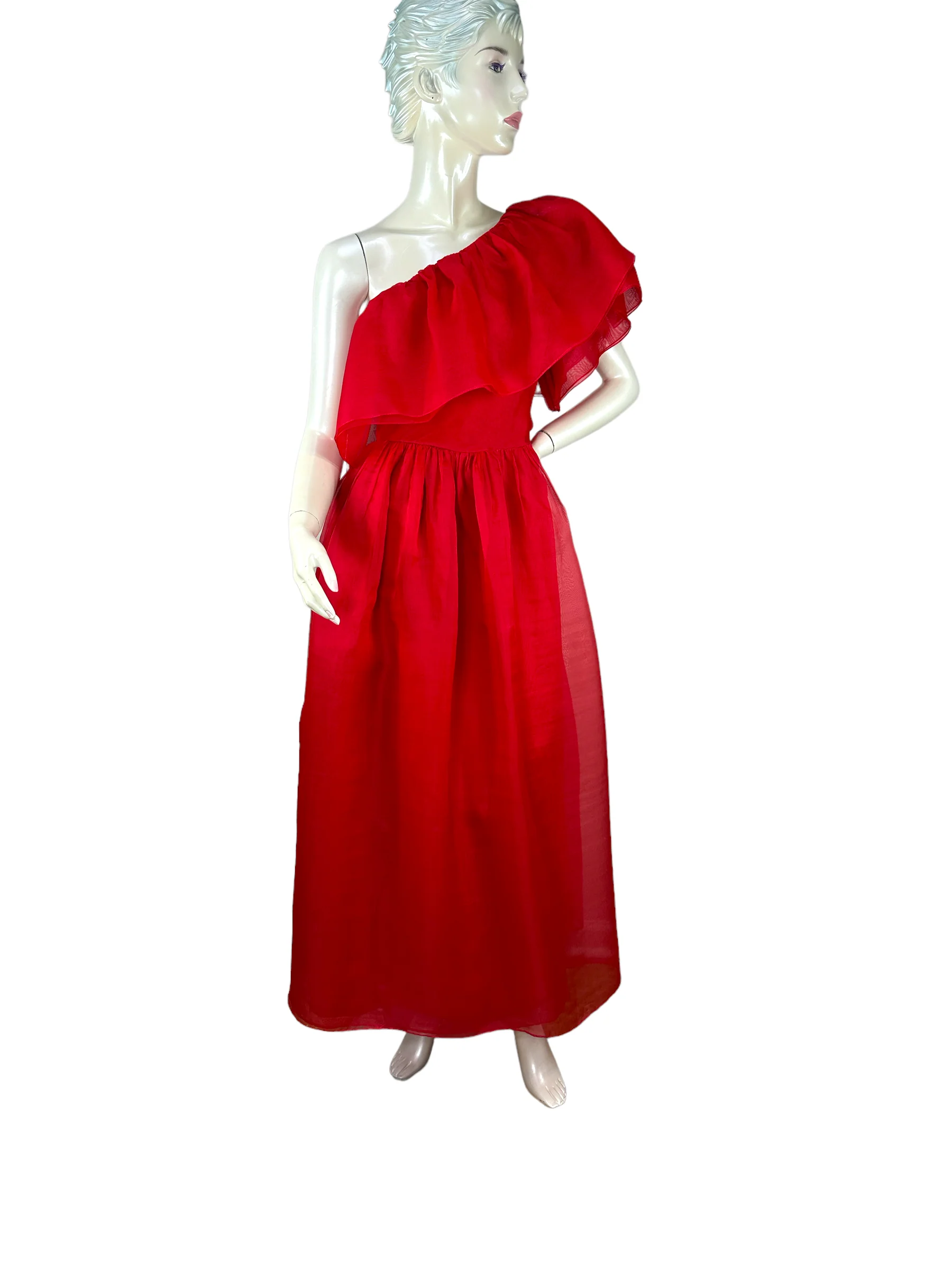 70s Red Silk One Shoulder Gown By Mollie Parnis - Image 6