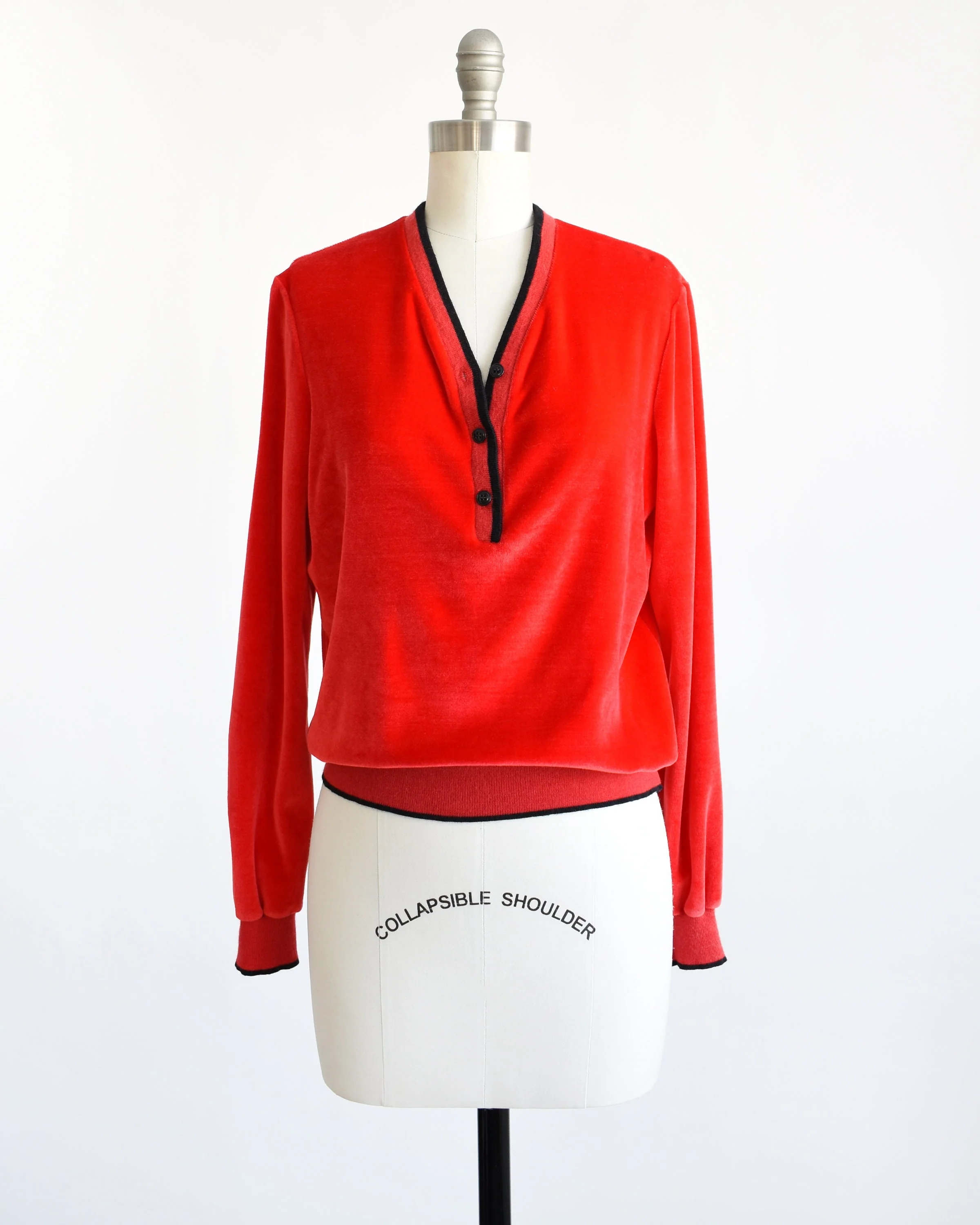 70s Red Velour Top Vintage 70s Velvet Sweater, Retro Slouchy V-Neck Sweatshirt, Medium - Image 3