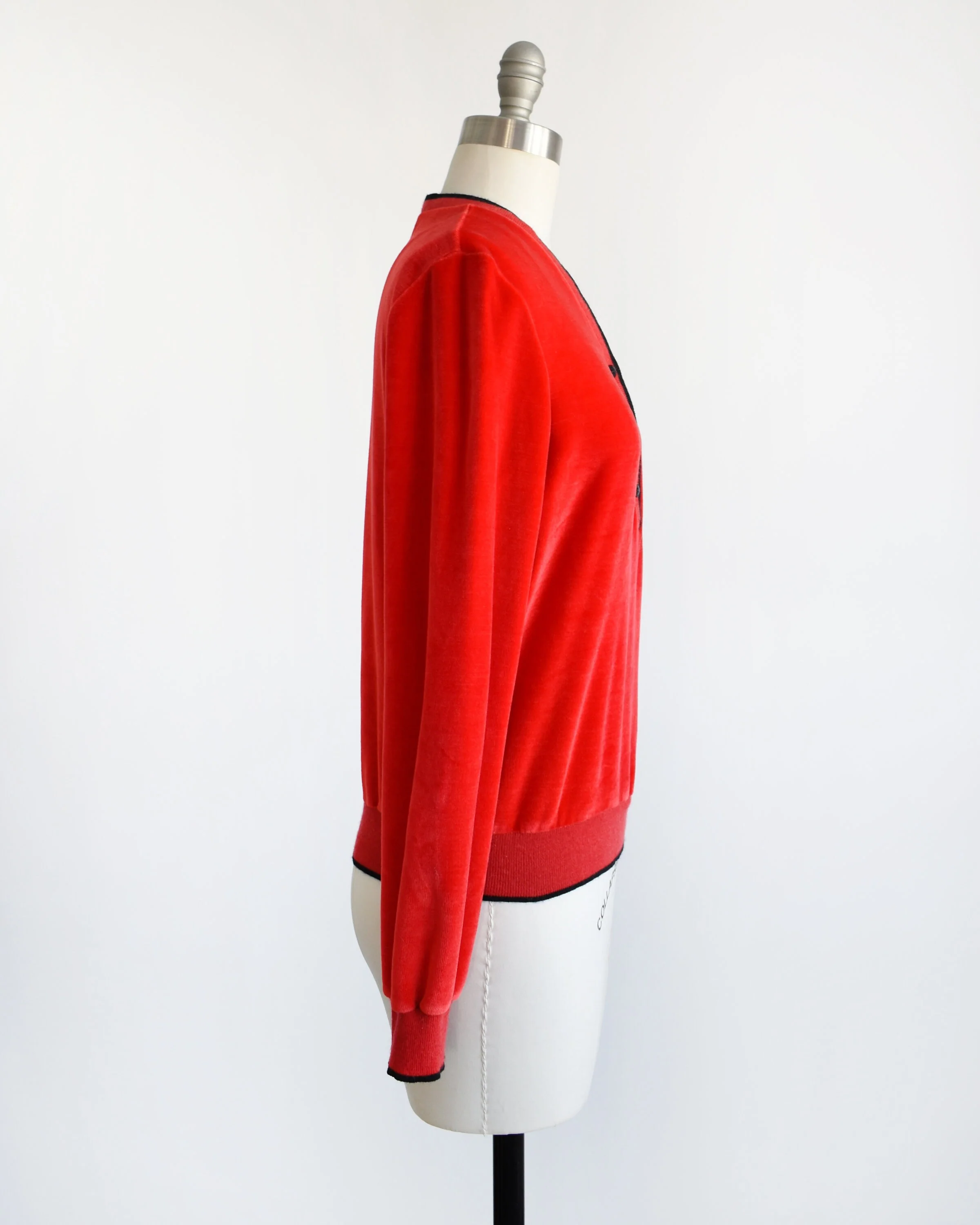 70s Red Velour Top Vintage 70s Velvet Sweater, Retro Slouchy V-Neck Sweatshirt, Medium - Image 4