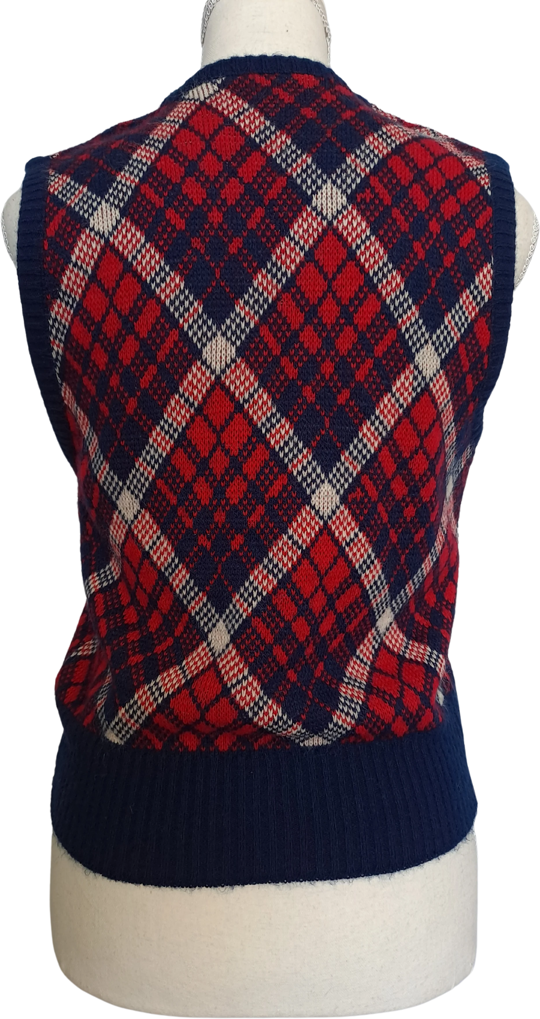 70s Red White And Navy Argyle Print Sweater Vest - Image 2