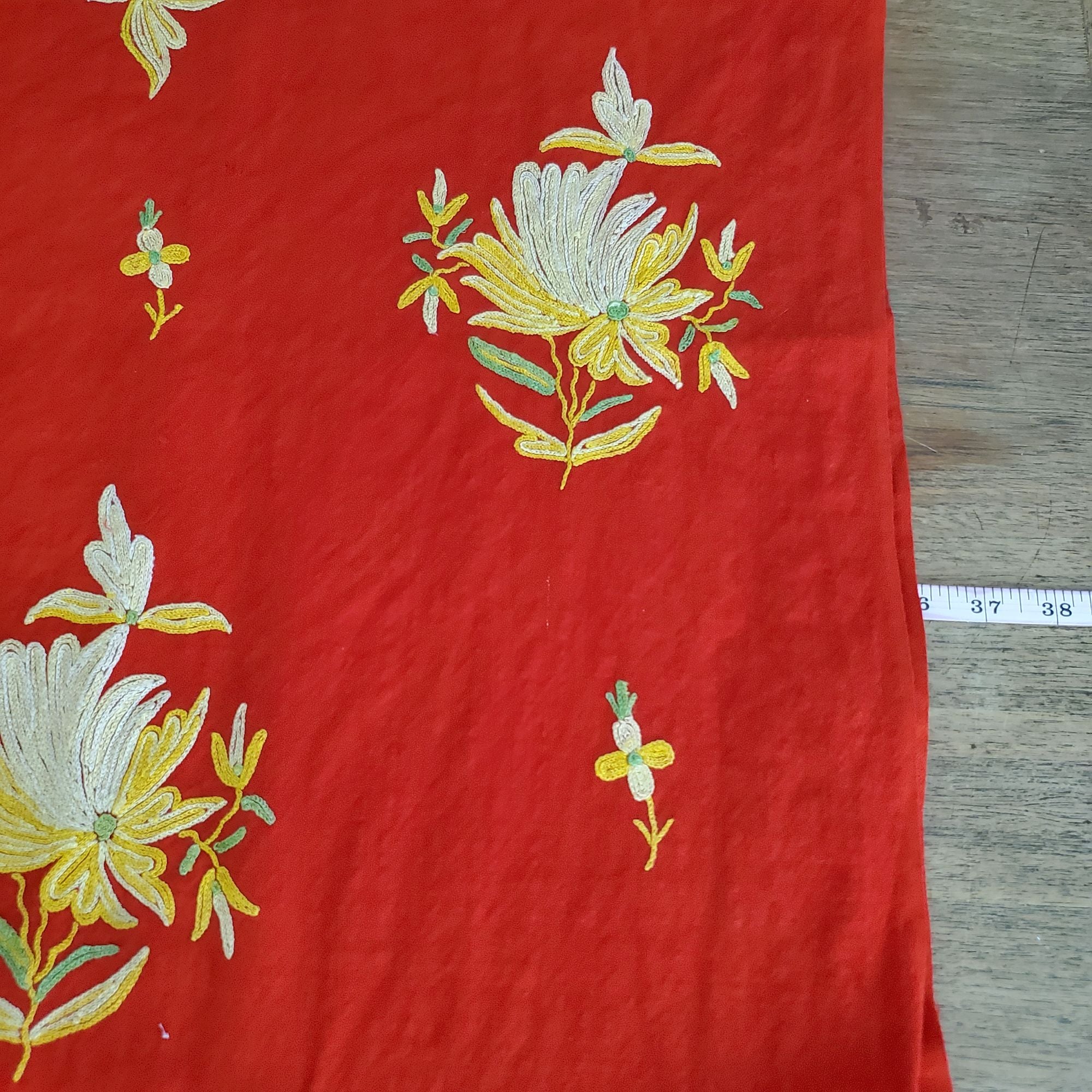 70s Red Wool Embroidered Floral Blanket Shawl Wrap By Kashmiri Shawl - Image 11