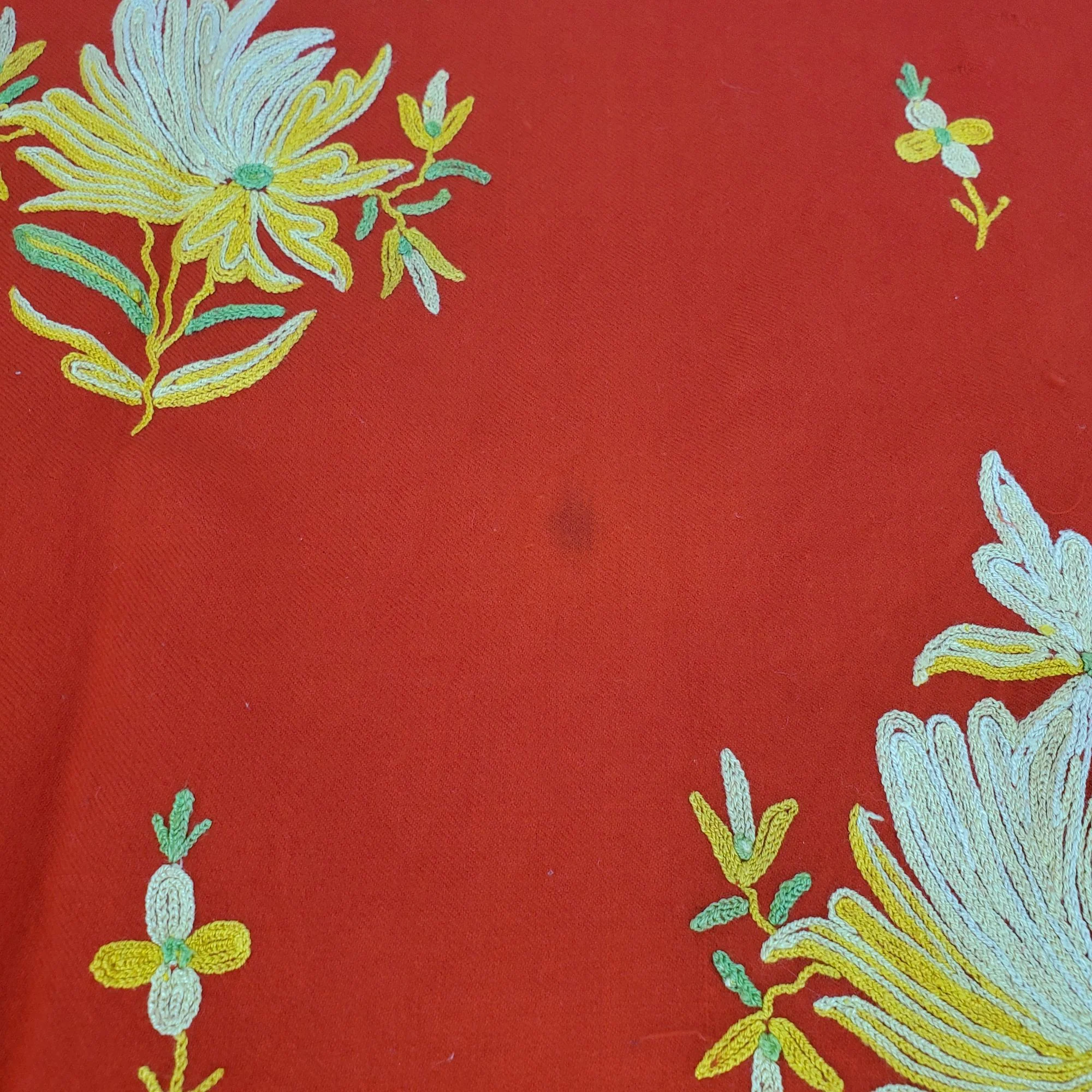 70s Red Wool Embroidered Floral Blanket Shawl Wrap By Kashmiri Shawl - Image 7