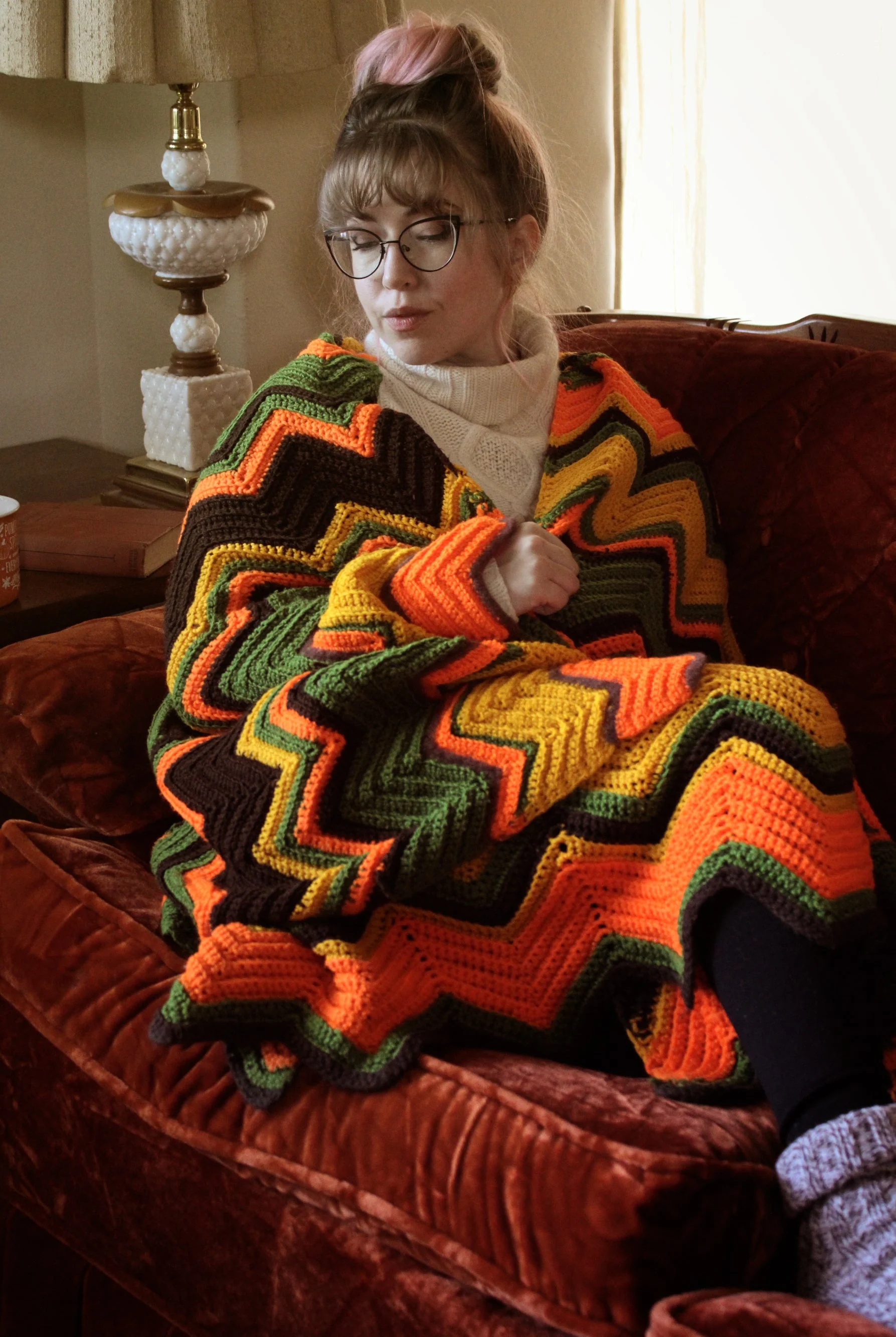 70s Retro Chevron Zig Zag Knit Afghan In Orange Yellow, Green and Brown - Image 2