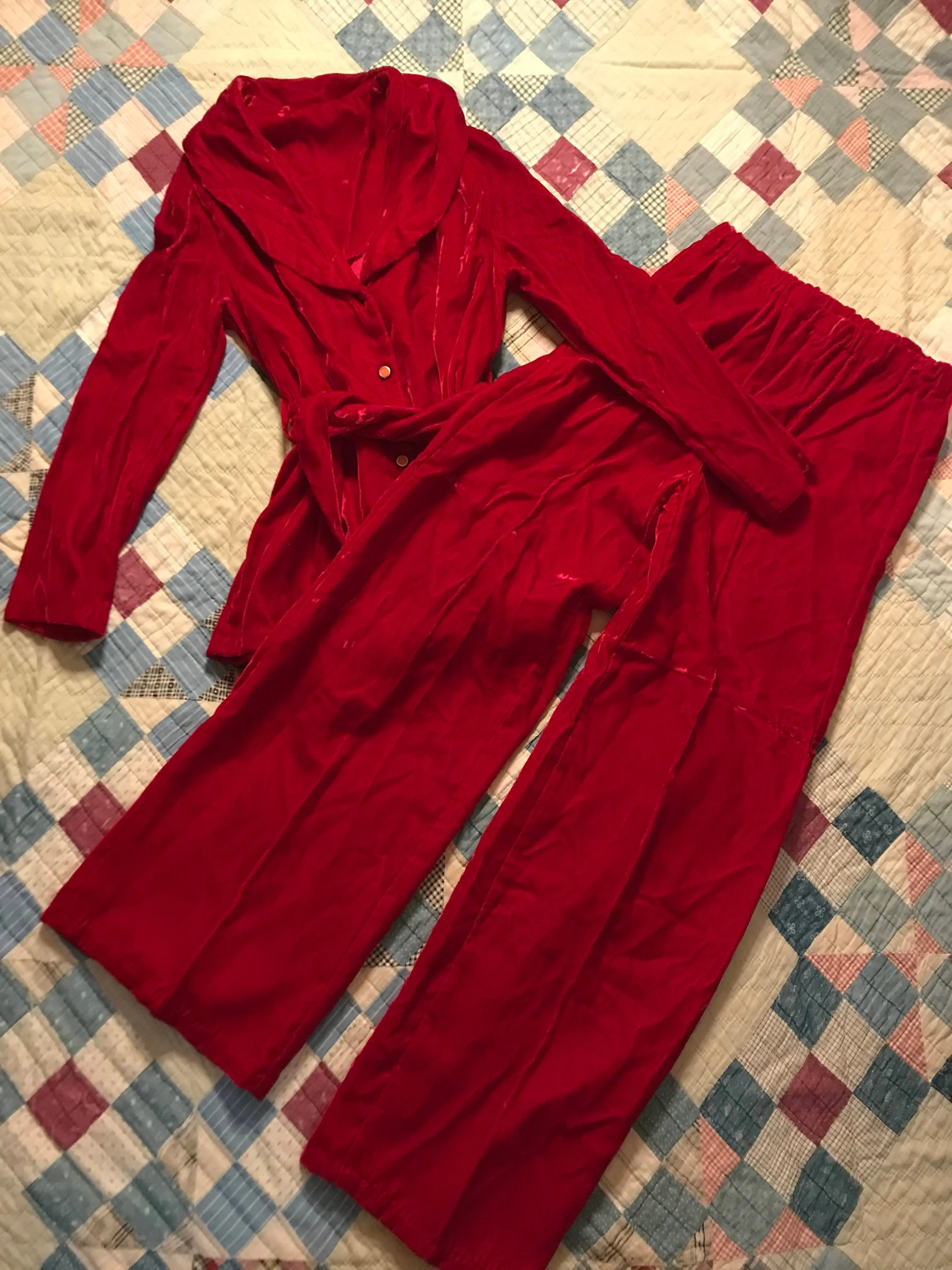 70s Retro Funky Crushed Red Velvet Pajama Co Ord Set - Image 5