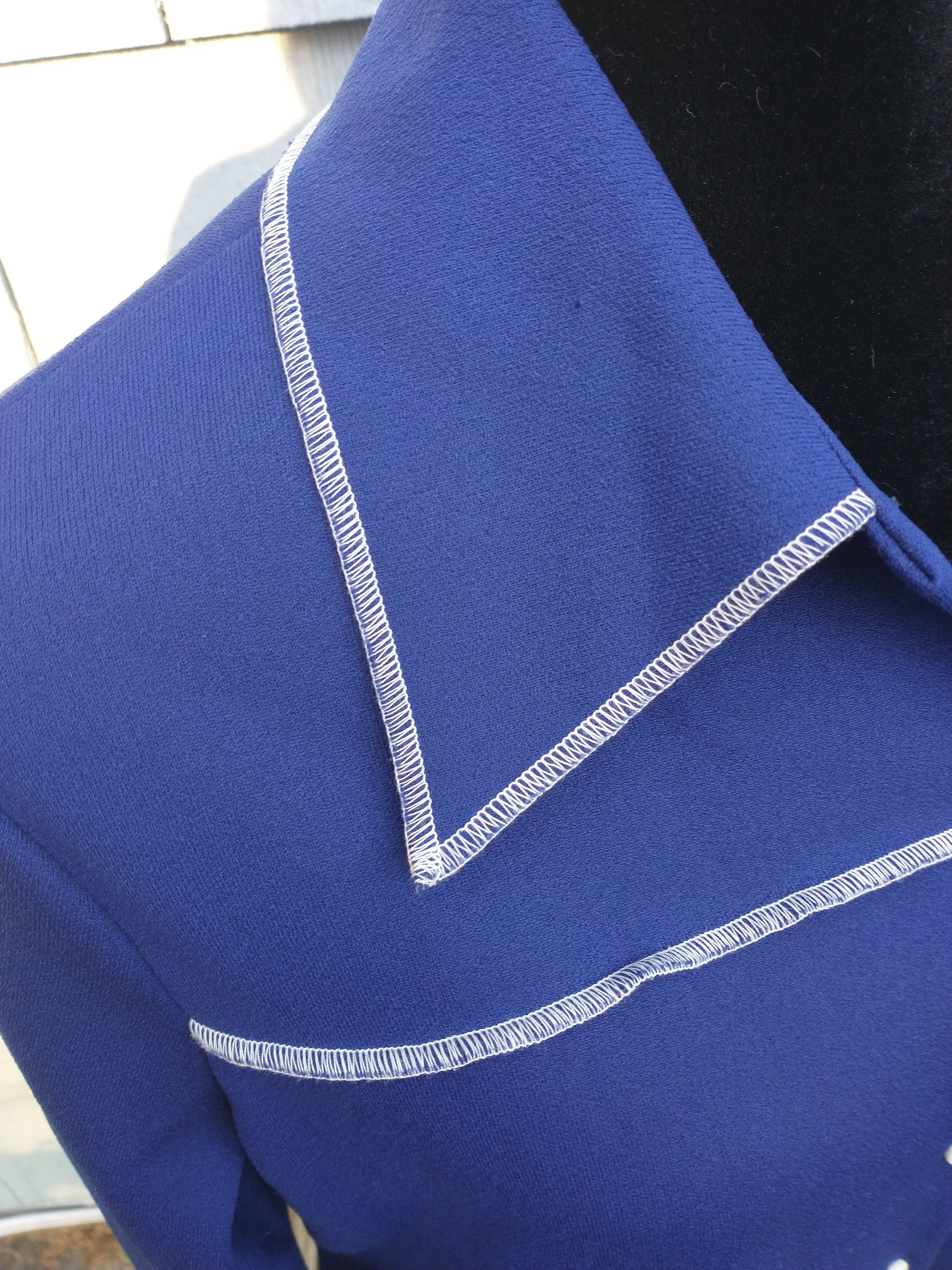 70s Retro Royal Blue and White Polyester Shirt Top Stitch Button Up Large Dagger Collar by Sears - Image 3