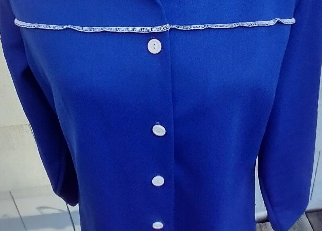 70s Retro Royal Blue and White Polyester Shirt Top Stitch Button Up Large Dagger Collar by Sears - Image 8