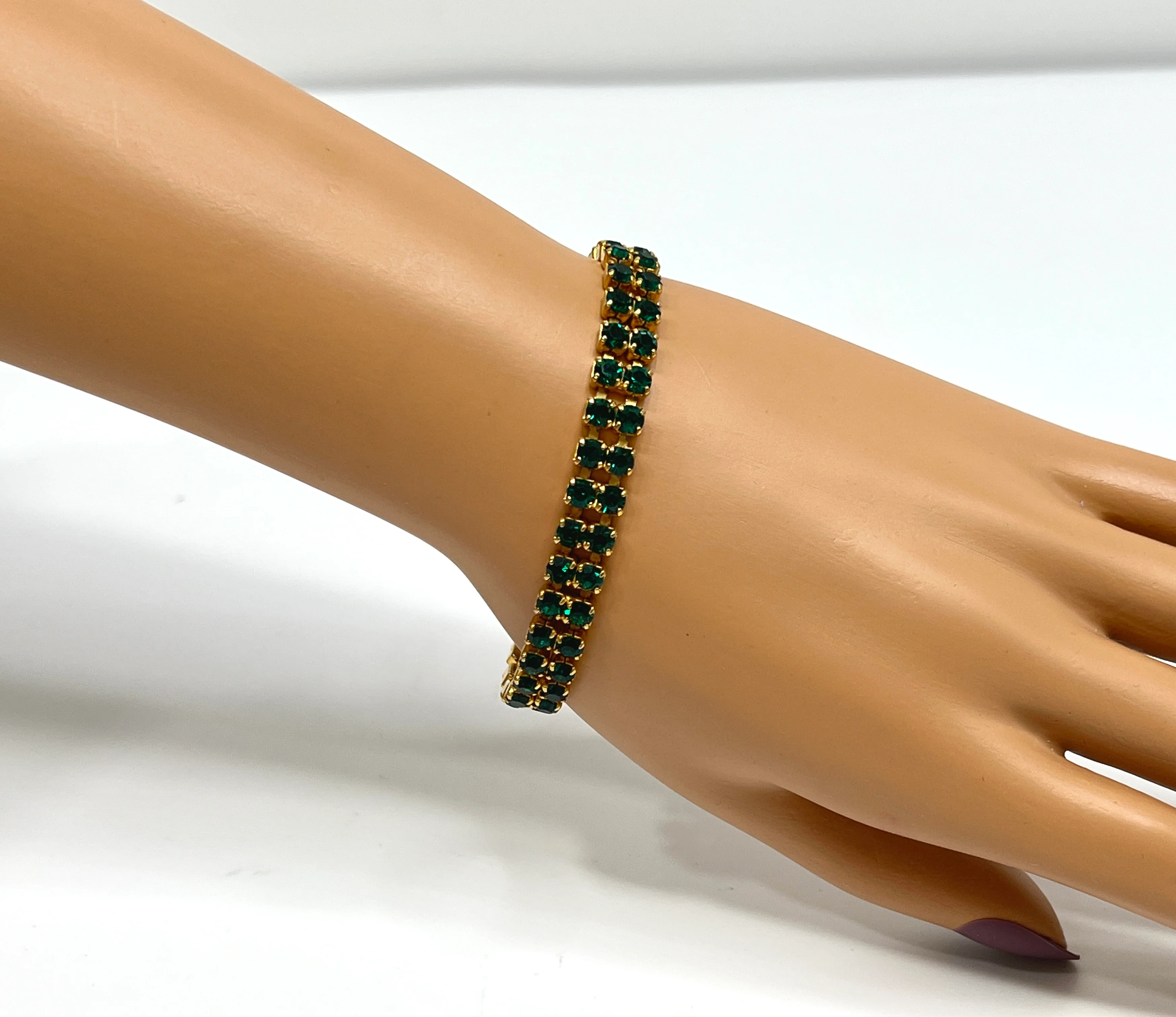 70s Rhinestone Tennins Style Bracelet Gold Tone Green - Image 5
