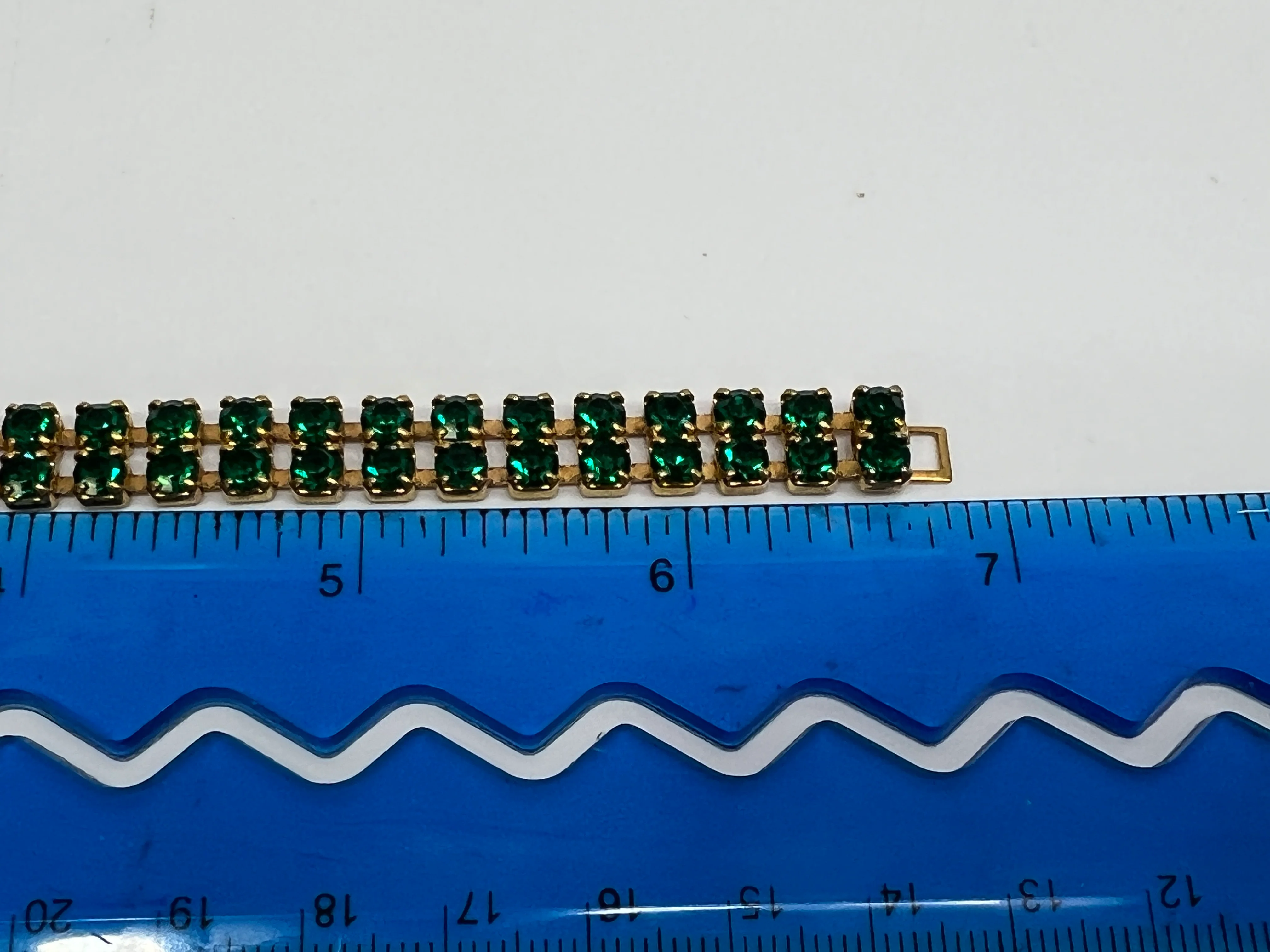 70s Rhinestone Tennins Style Bracelet Gold Tone Green - Image 7