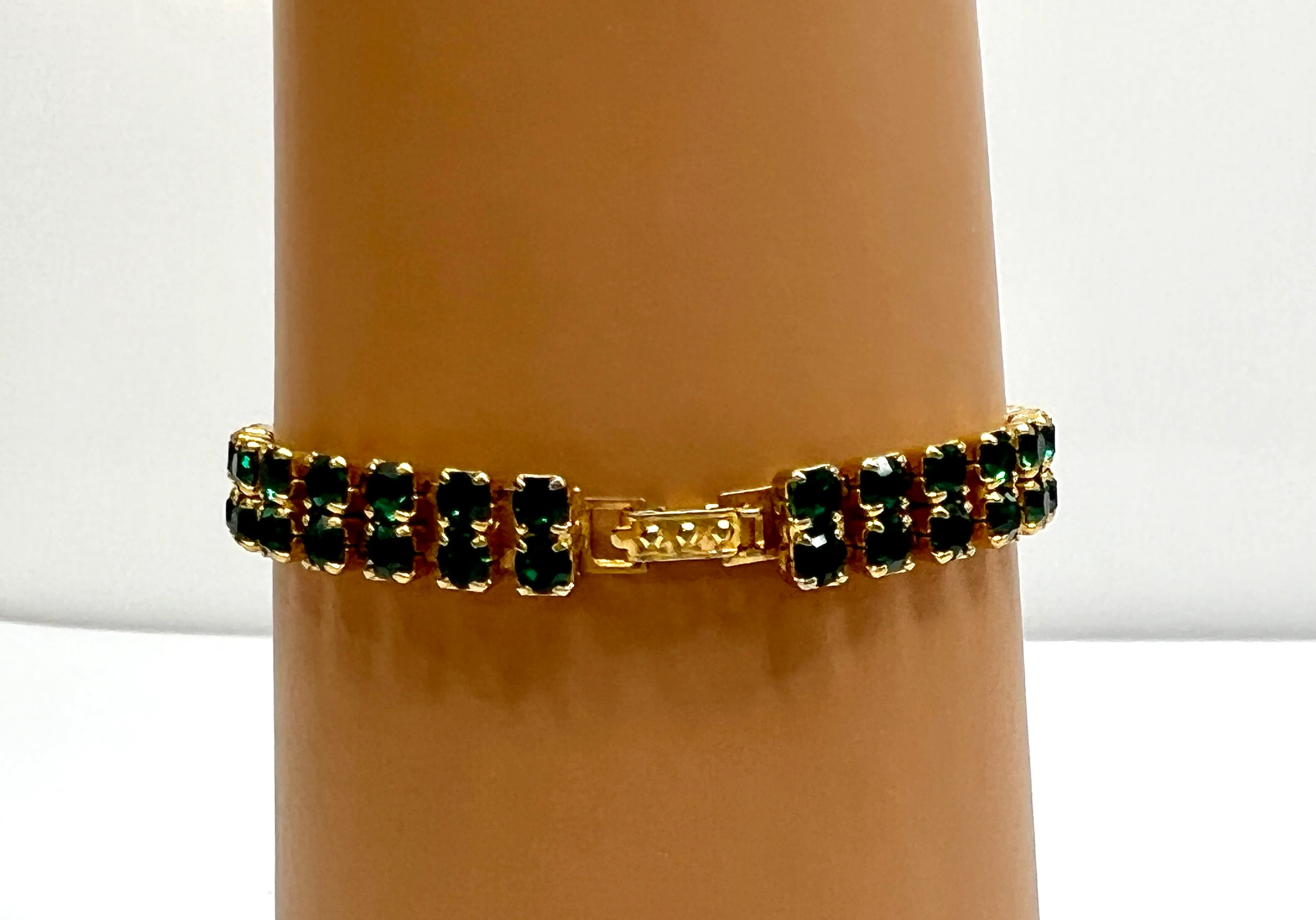 70s Rhinestone Tennins Style Bracelet Gold Tone Green - Image 8