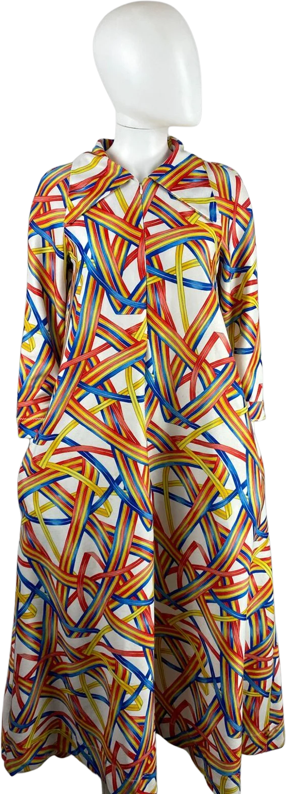 70s Ribbon Print House Dress Muumuu Dagger Collar