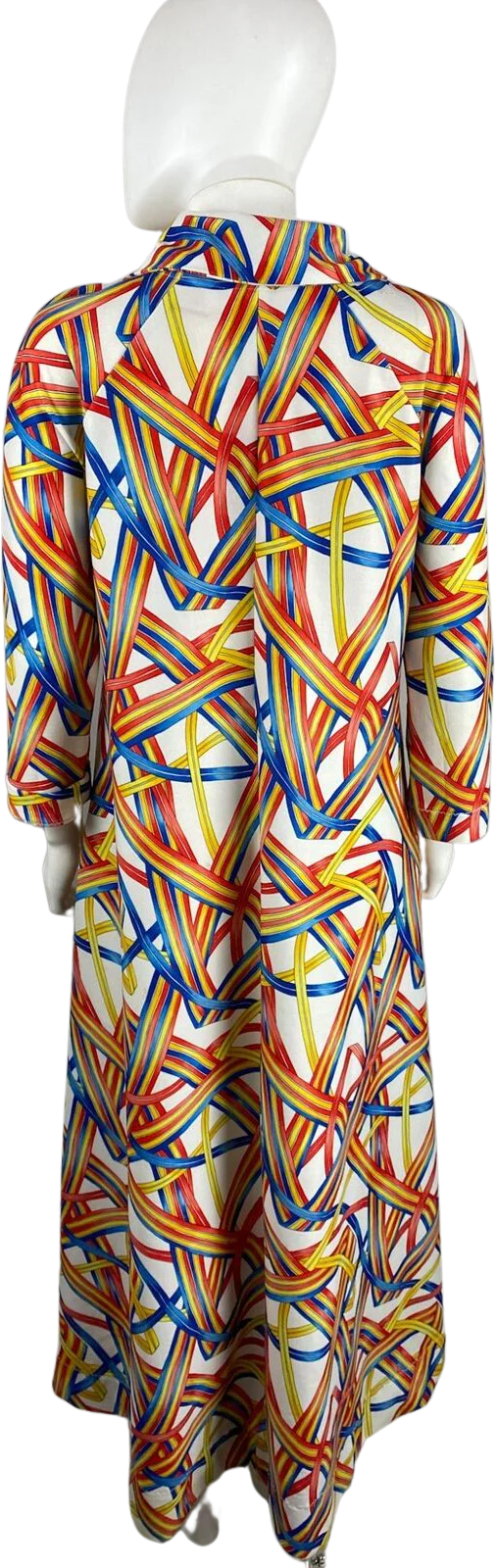 70s Ribbon Print House Dress Muumuu Dagger Collar - Image 2