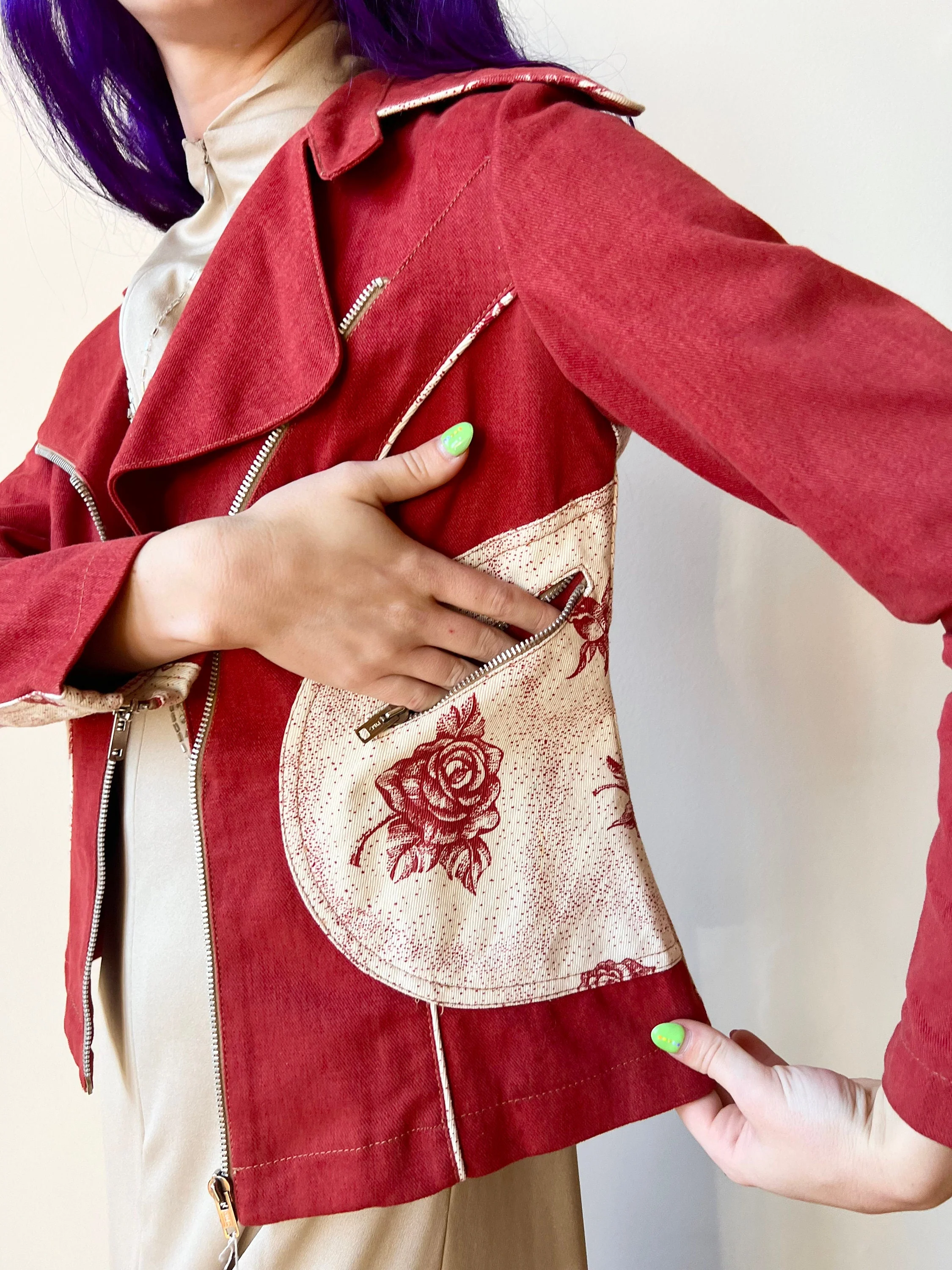 70s Roncelli Deadstock Red Denim Motorcycle Style Floral Patchwork Jacket by Roncelli - Image 3
