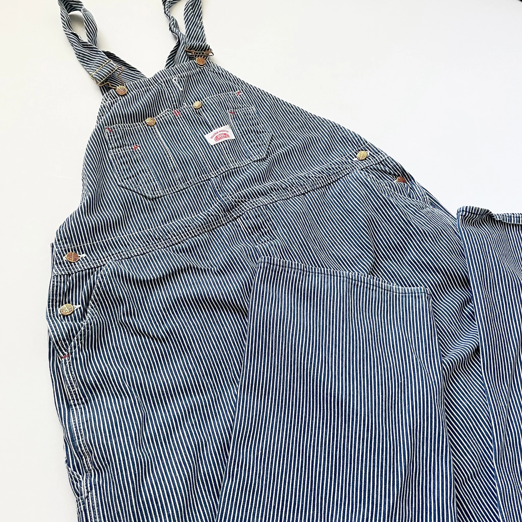 70s Vintage Hickory Railroad Striped Denim Overalls 38 By Round House - Image 5